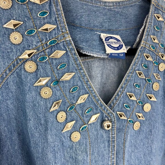 Vintage Denim Button Top Silver Turquoise 16 P - Picture 4 of 5